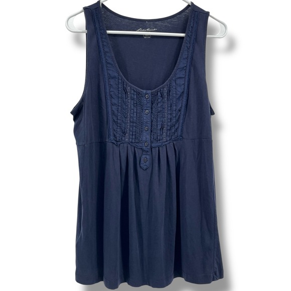 Eddie Bauer Navy Sleeveless Pintuck Button Front Tunic Top Tall L Boho - Picture 1 of 8